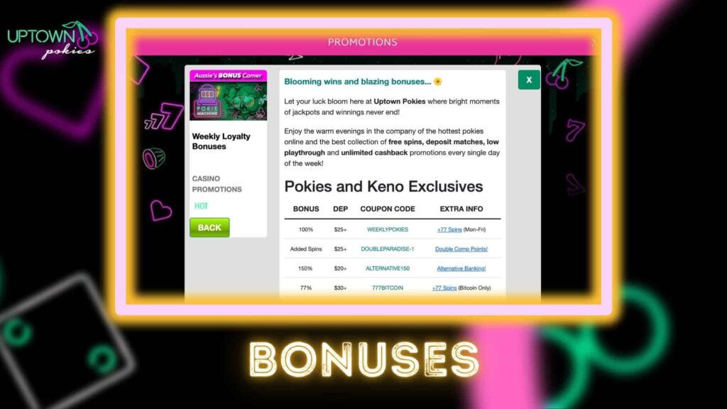 Detailed look at Uptown Pokies Casino's introductory offers.