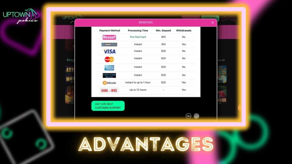 Uptown Pokies payments advantages